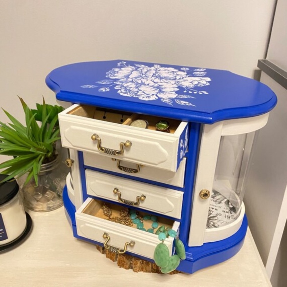 Refinished Medium Blue Floral Jewelry Box / Upcycled Painted Jewelry Box